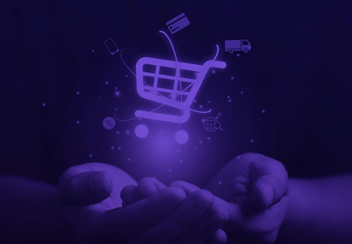 Ilustração carrinho de compras e mãos femininas representando E-commerce sustentável